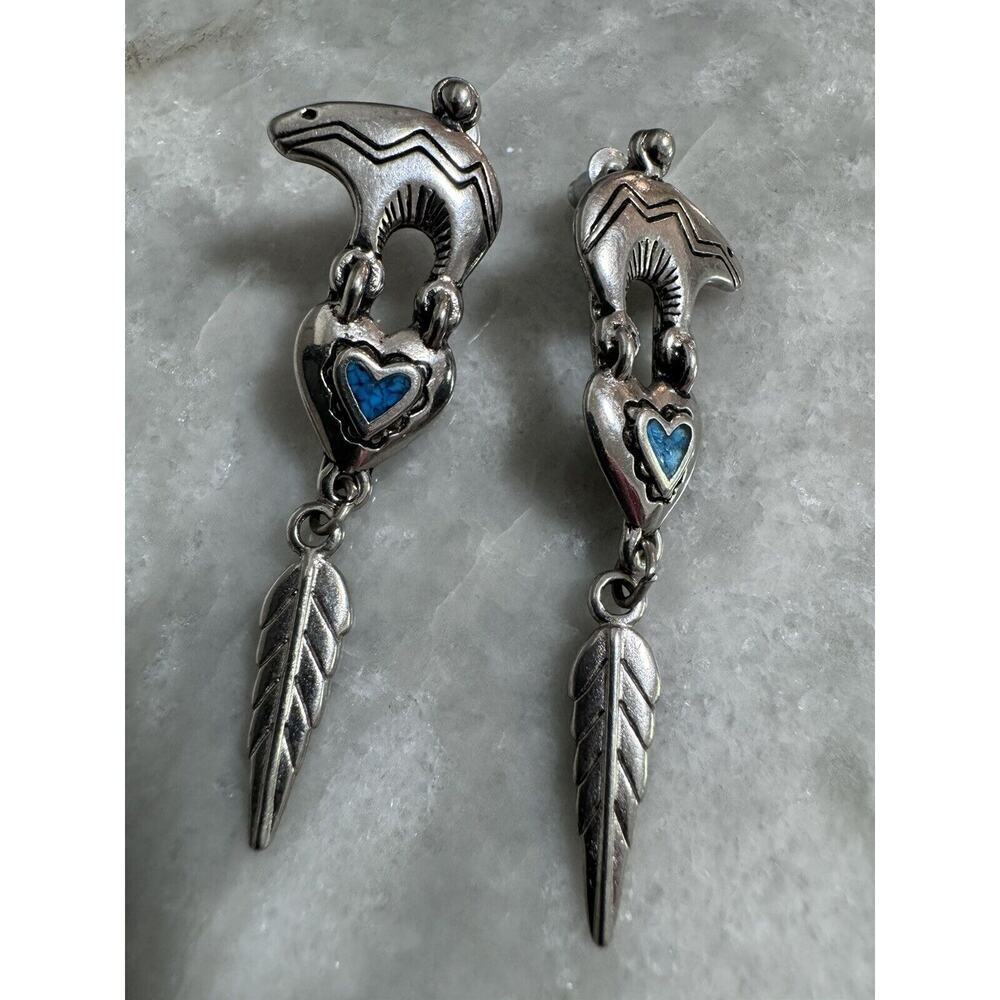Vintage Native American Sterling Silver Bear Turquoise Heart Dangle Earrings - Picture 6 of 7